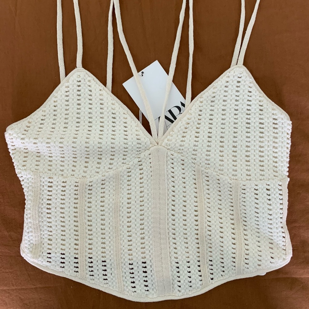 Zara mesh-knit crocheted corset crop top